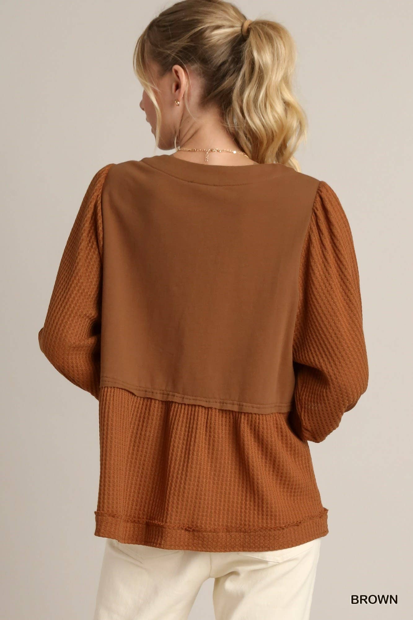 Solid French Terry Top With Thermal Contrast Sleeve: BROWN / 2-2-2 (S-M-L)