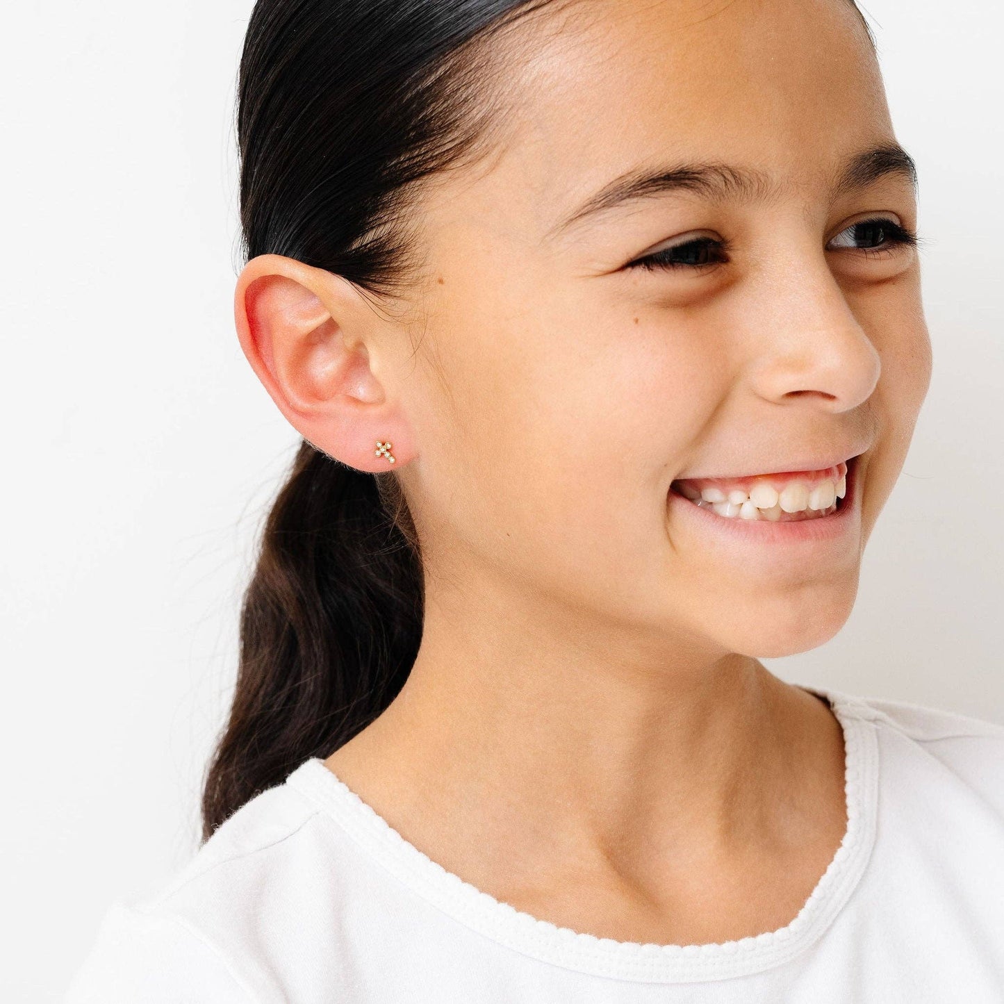 Diamond Cross Stud Earring - Hypoallergenic, Flat Back, Girl: Pair