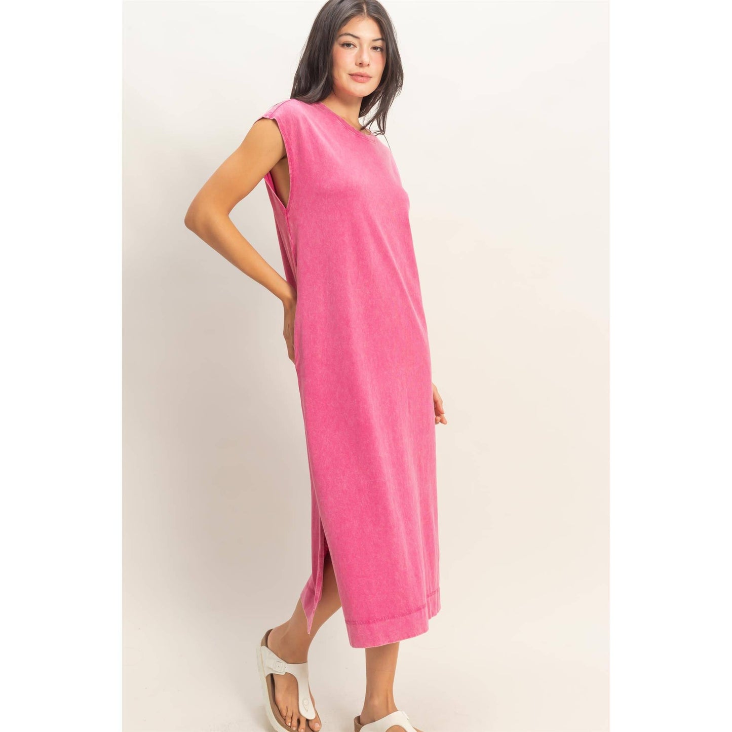 Mineral Wash Cap Sleeve Midi Dress: CHOCOLATE / S-M-L(2-2-2)