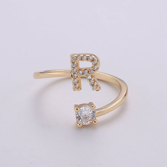 Adjustable Gold Initial Ring With CZ R370~R395: R