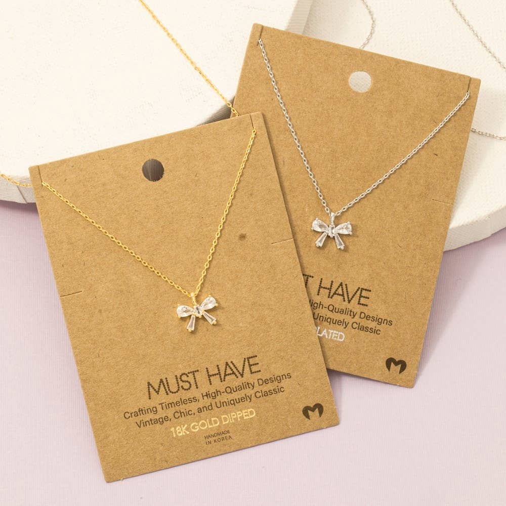 Rhinestone Ribbon Bow Pendant Necklace: G