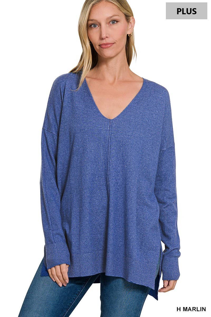 Plus Hi-Low Hem V-Neck Center Seam Sweater: H LT NAVY / 3-2 (1XL/2XL-2XL/3XL)
