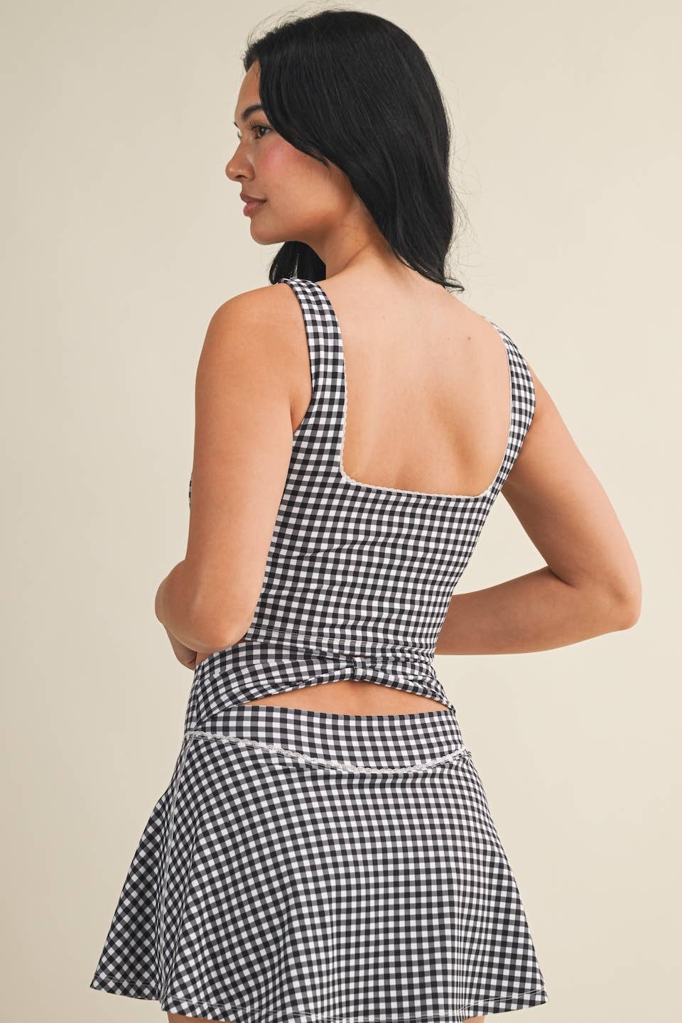 Gingham Print Crop Tank with Lace Trim: Pink Gingham / L