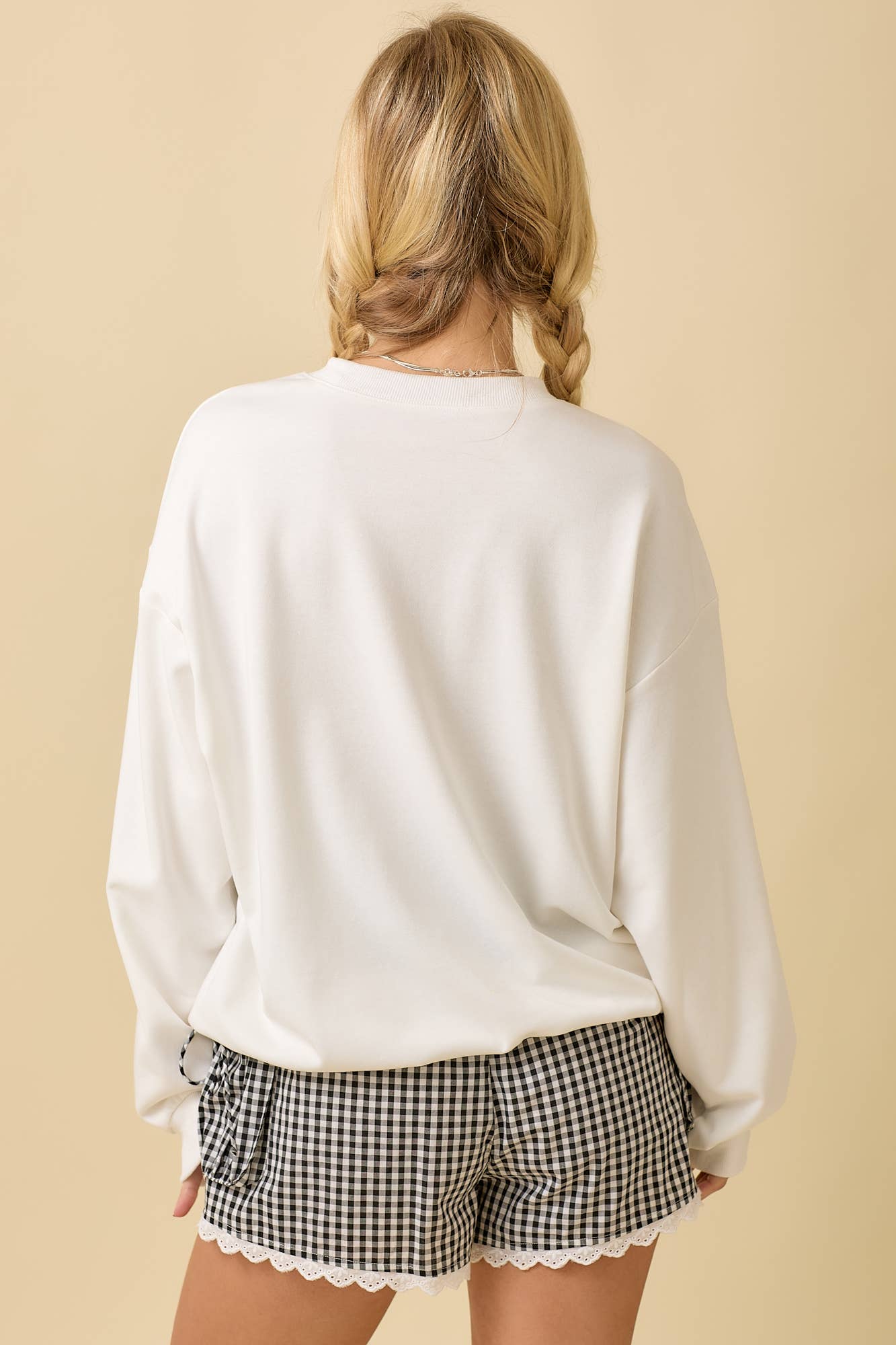 Football Game Day Patchwork Long Sleeve Crewneck Top: BLACK / S