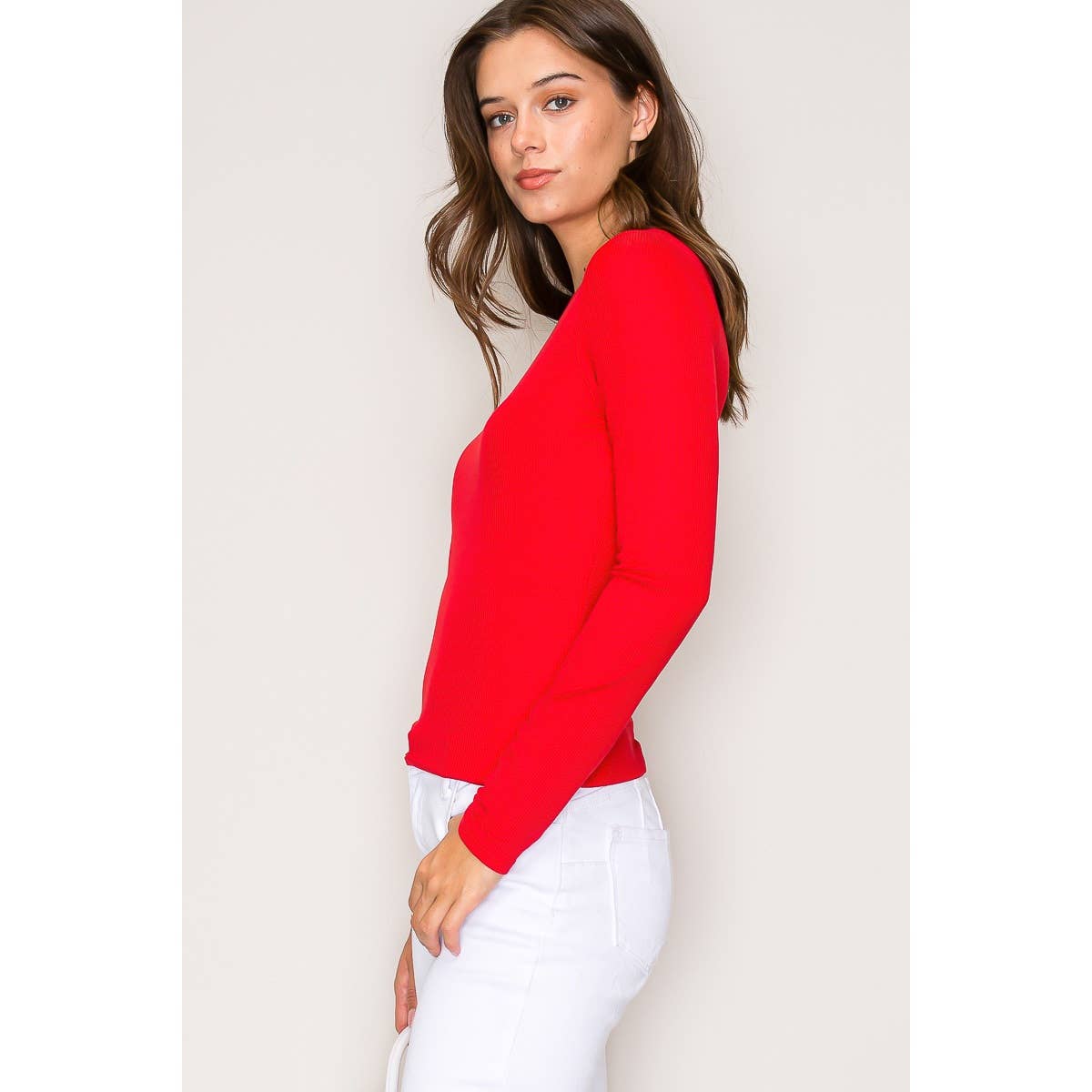 Double Layer Crew Neck Long Sleeve Rib Knit Top: Wine / S-M-L(2-2-2)