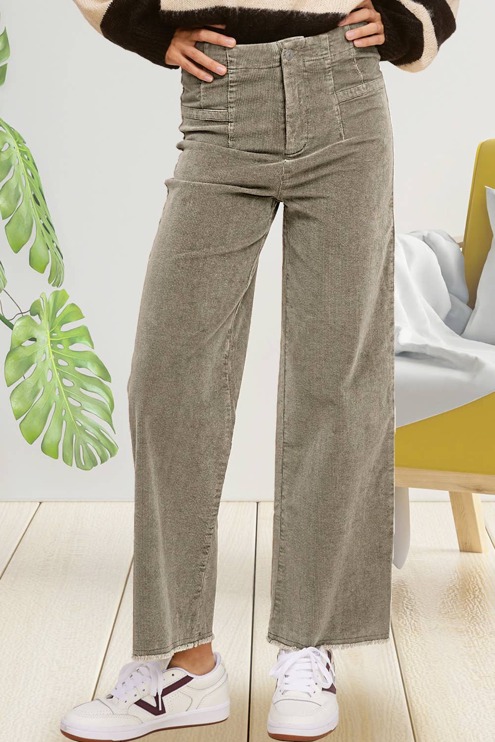 MCP4220-Mineral Washed High Waisted Wide Leg Corduroy Pants: Brown / L