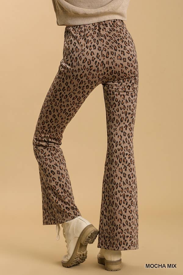 Animal Print Stretch Bell Bottom Pants With Elastic Waistban: MOCHA MIX / 2-2-2 (S-M-L)