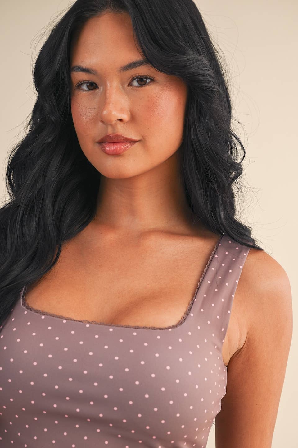 Polka Dot Print Crop Tank with Lace Trim: Black Polka Dot / M