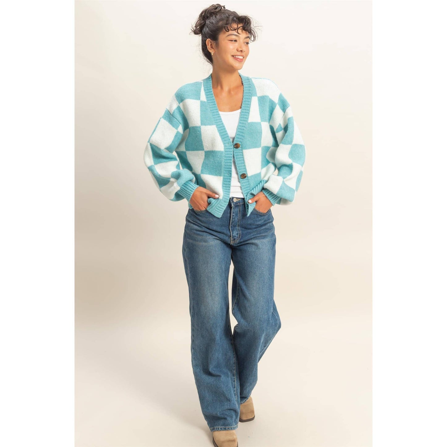 Checkered Button Front Cardigan Sweater: EMERALD/CREAM / S-M-L(2-2-2)