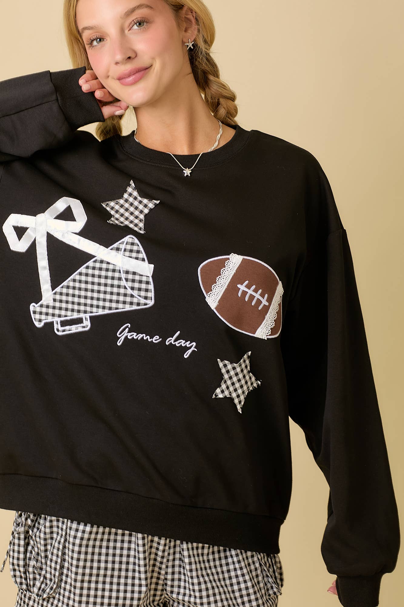 Football Game Day Patchwork Long Sleeve Crewneck Top: BLACK / S