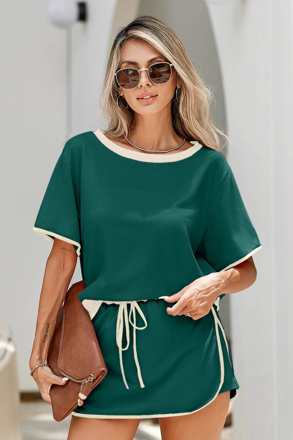 LDC Colorblock Edge Drop Shoulder T Shirt and Skirt 2Pcs Set: Evergreen / L