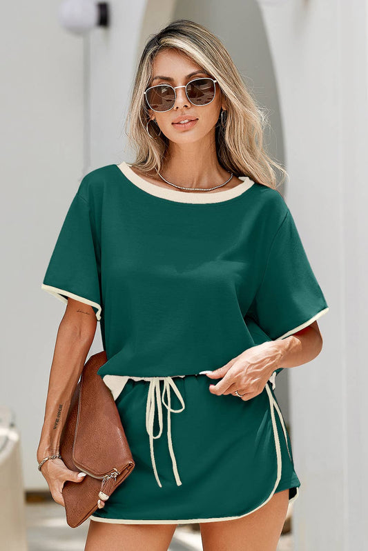 LDC Colorblock Edge Drop Shoulder T Shirt and Skirt 2Pcs Set: Evergreen / L