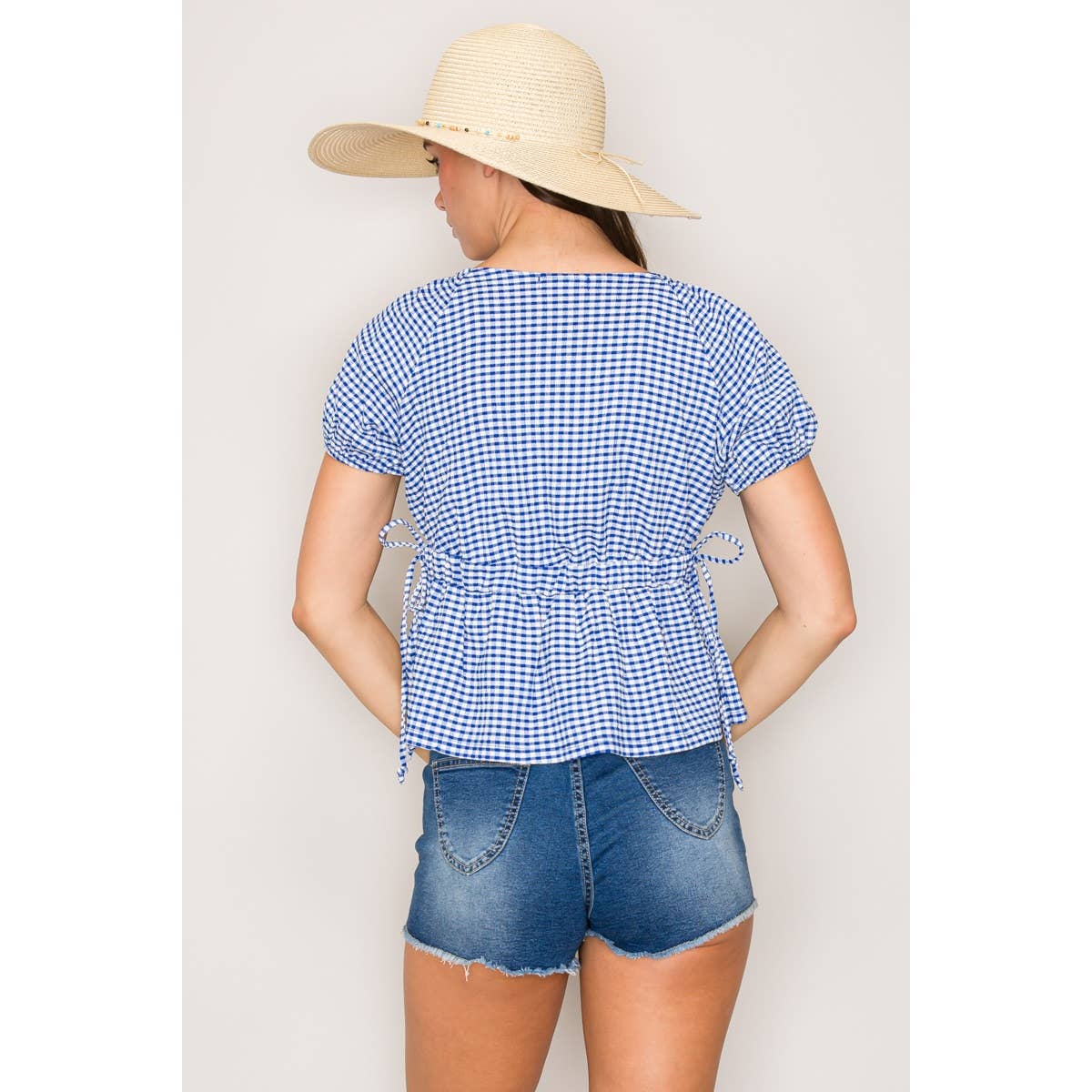 Gingham V-Neck Top with Side Tie and Puff Sleeve: Light Blue / White / S-M-L(2-2-2)