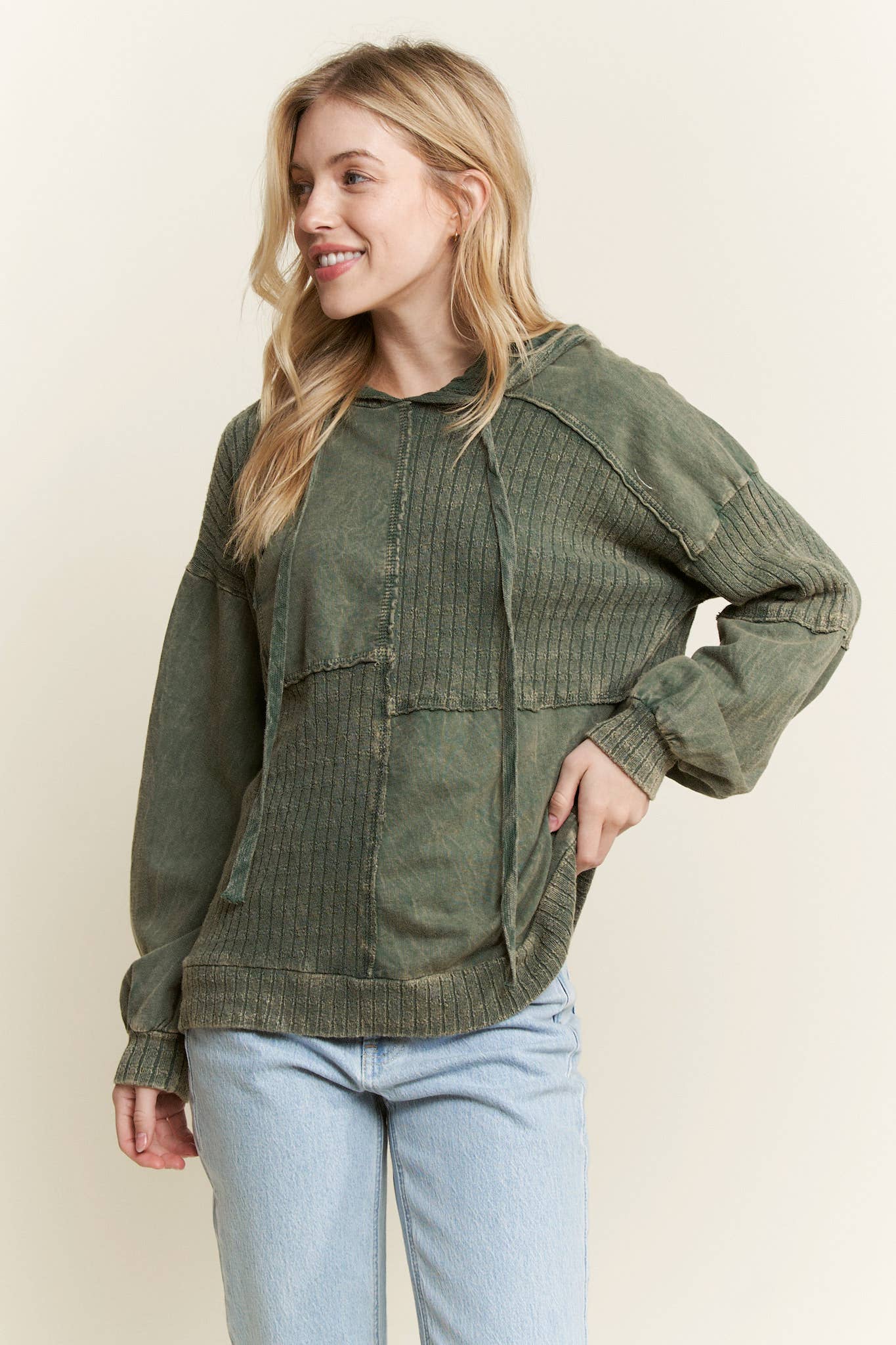 MineralWash Sweater block stitched hoodie shirt HT5969.: Olive / S-M-L / 2-2-2