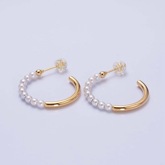 16K Gold Filled 25mm Half Pearl Hoop Earrings in Gold & Silver | AB366 AB367: Gold