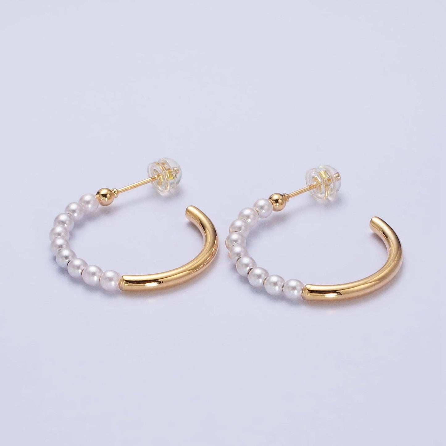 16K Gold Filled 25mm Half Pearl Hoop Earrings in Gold & Silver | AB366 AB367: Silver