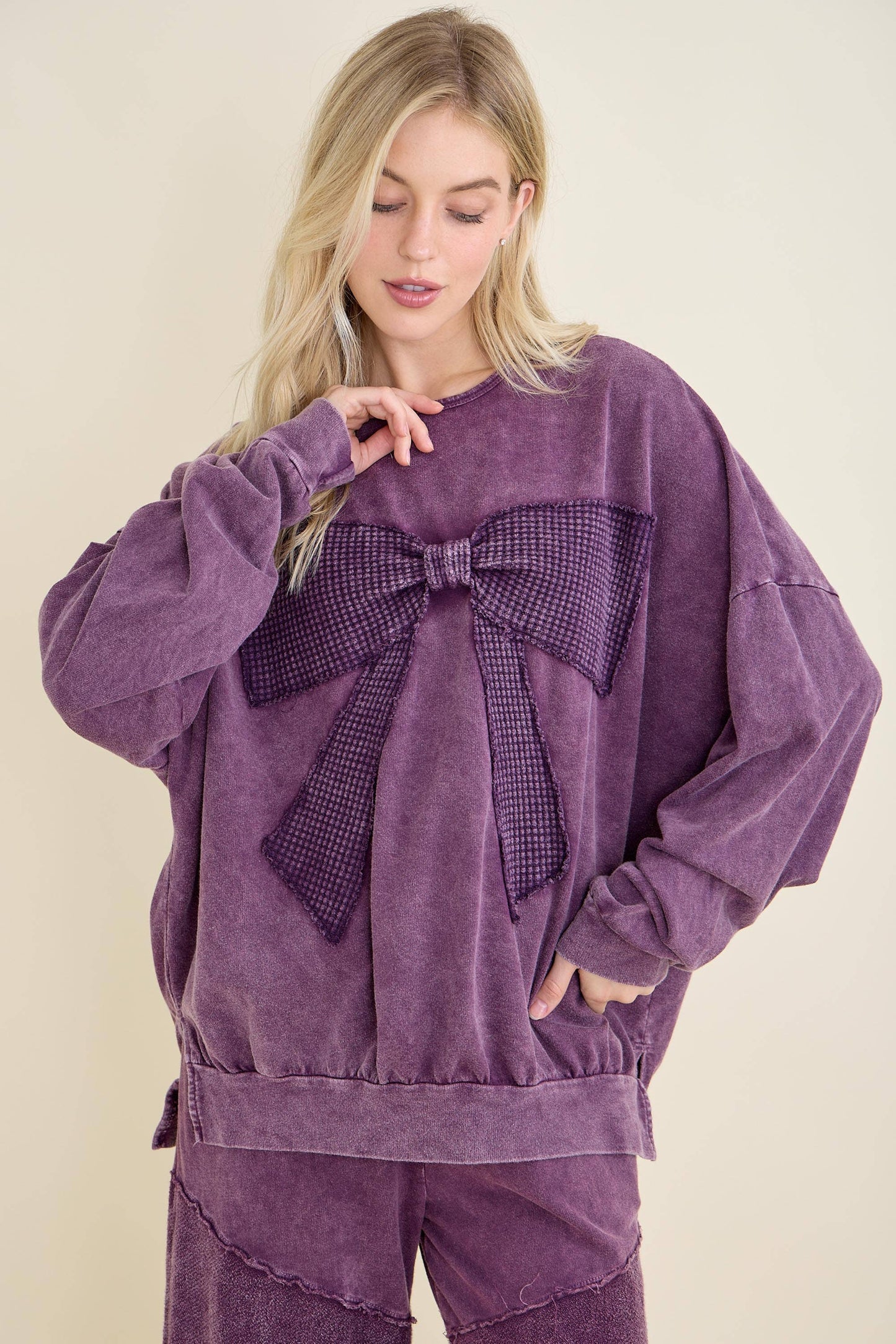 I'm a gift for you Waffle Ribbon bow terry top HT6129: Midnight Green / S-M-L / 2-2-2