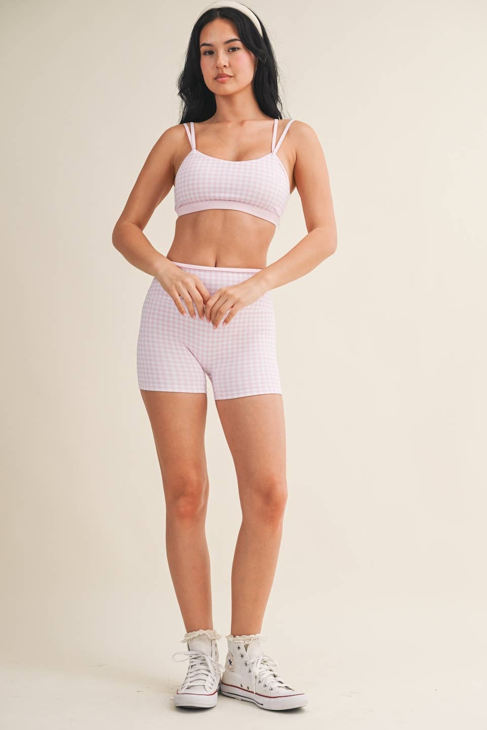 Gingham Print Double Layered Sports Bra: Red Gingham / S