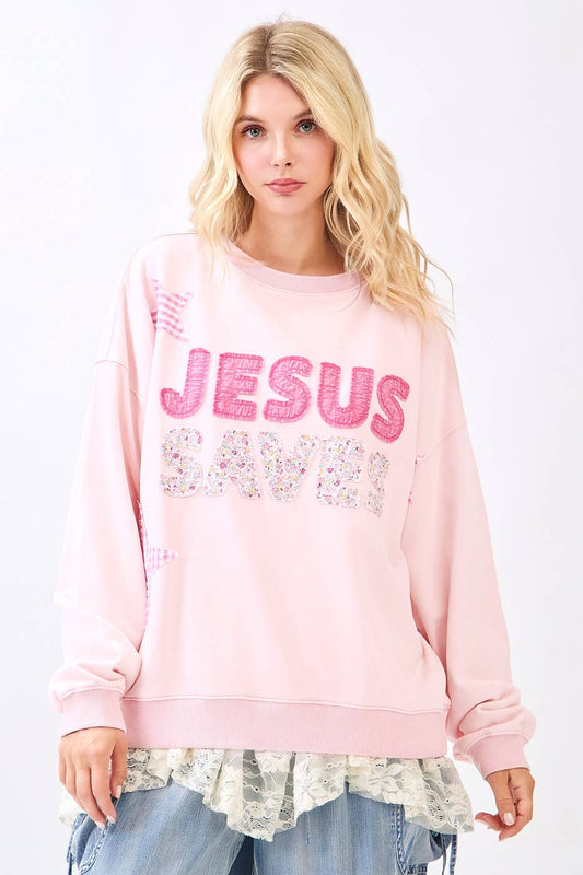 JESUS SAVES PATCHWORK CREW NECK SWEATSHIRT: ICY PINK / S-M-L(2-2-2)