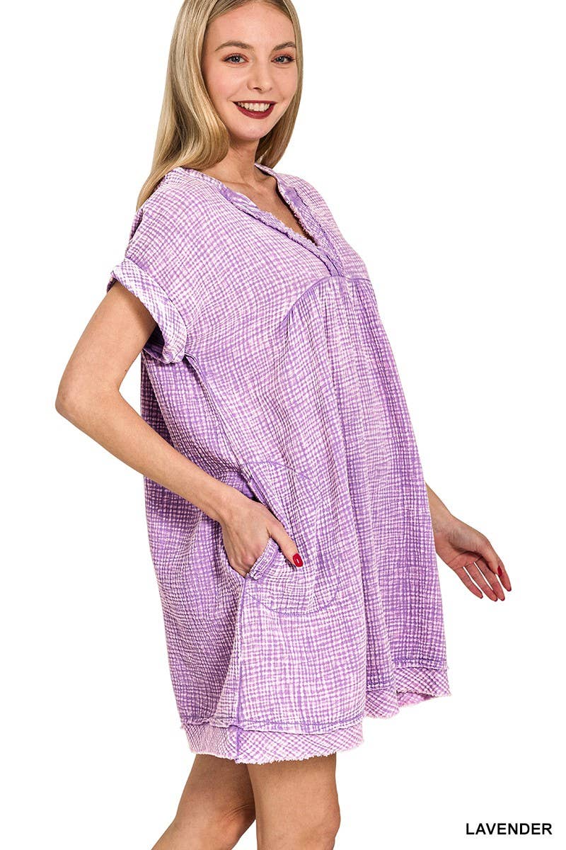 Washed Double Gauze Raw Edge V-neck Dress: DEEP SKY / 2-2-2(S-M-L)