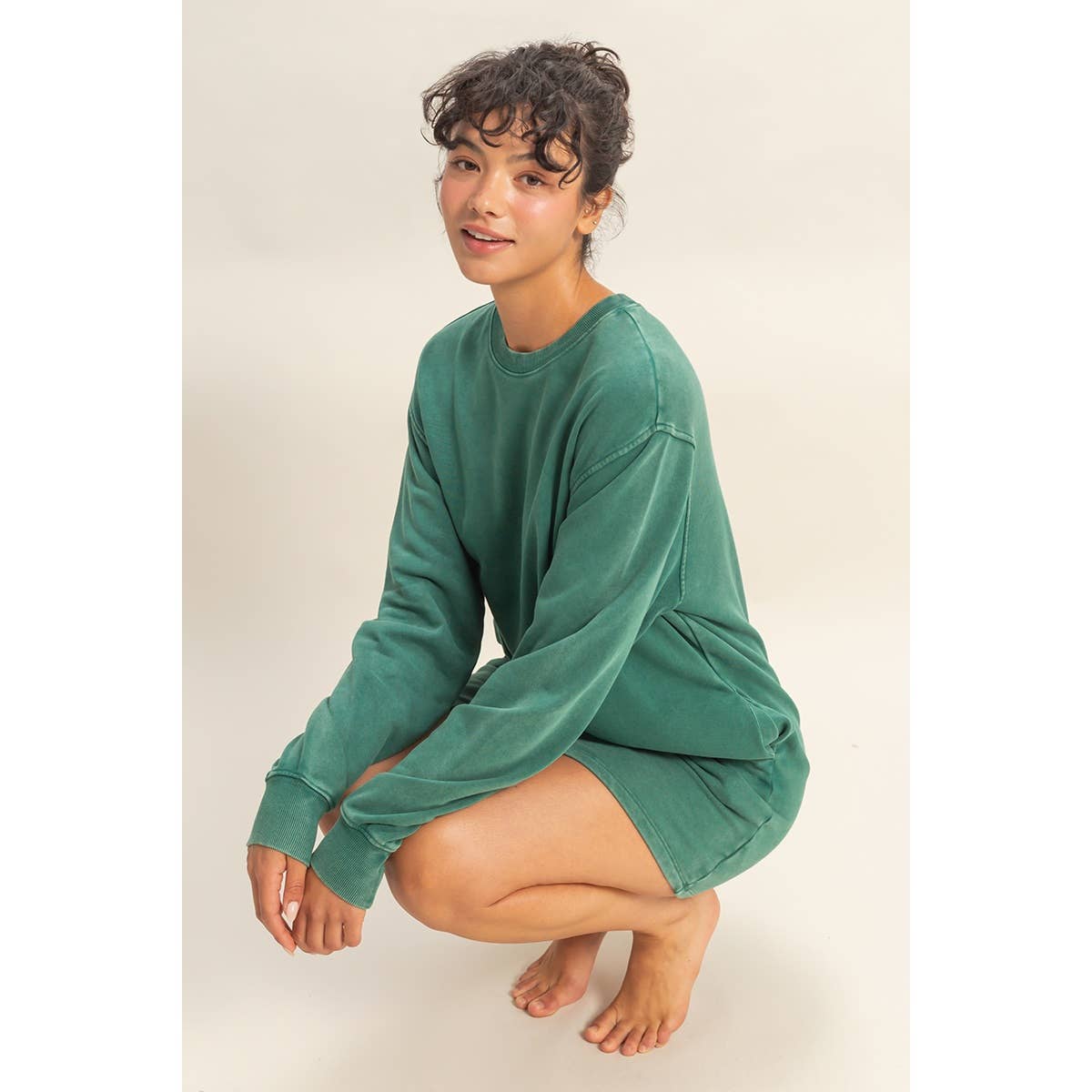 Mineral Washed Oversized Mini Sweatshirt Dress: CHESTNUT / S-M-L(2-2-2)