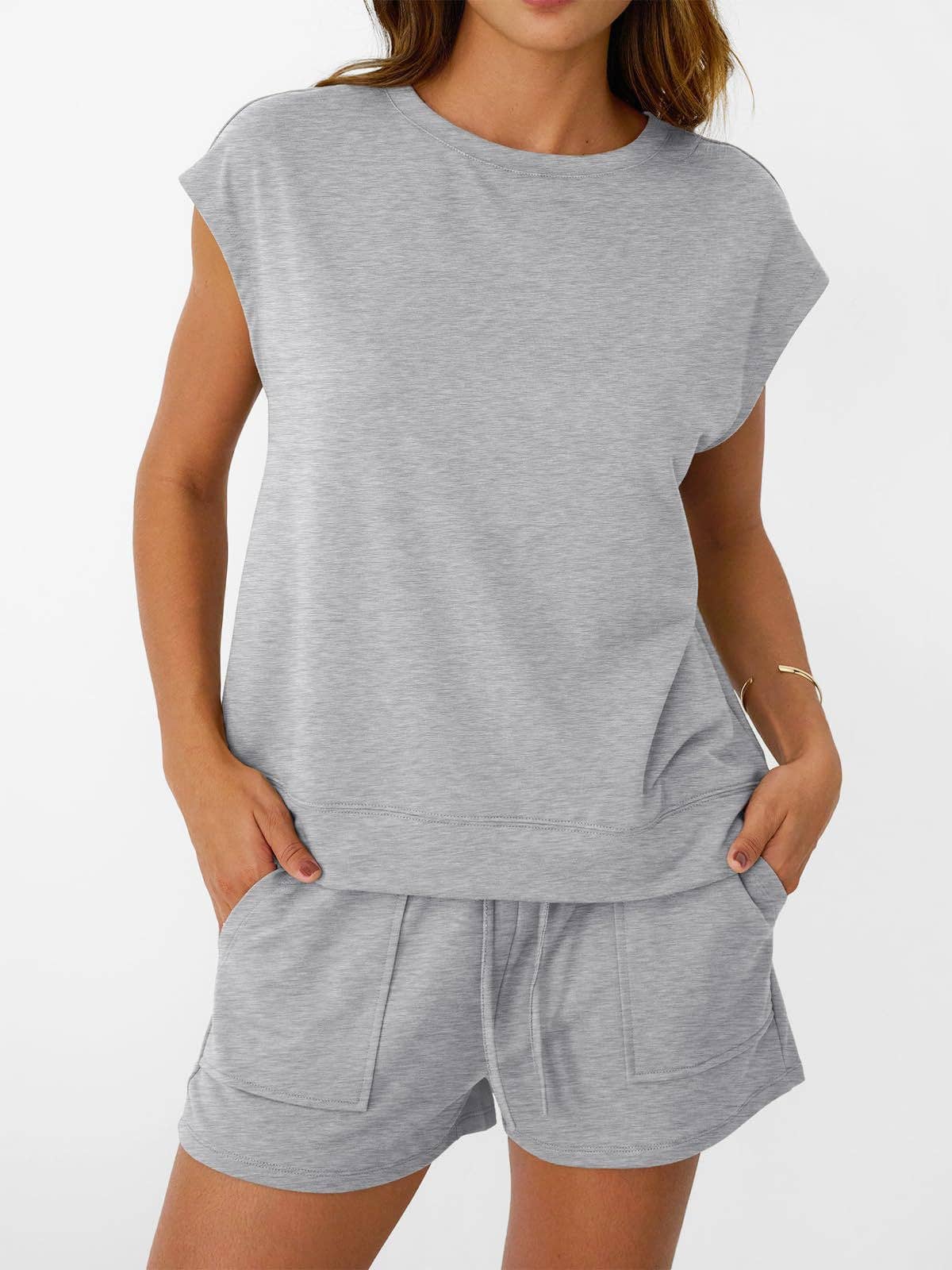Womens Black Lounge Set Cap Sleeve Top and Shorts: Rose Red / 65%Polyester+30%Viscose+5%Elastane / L