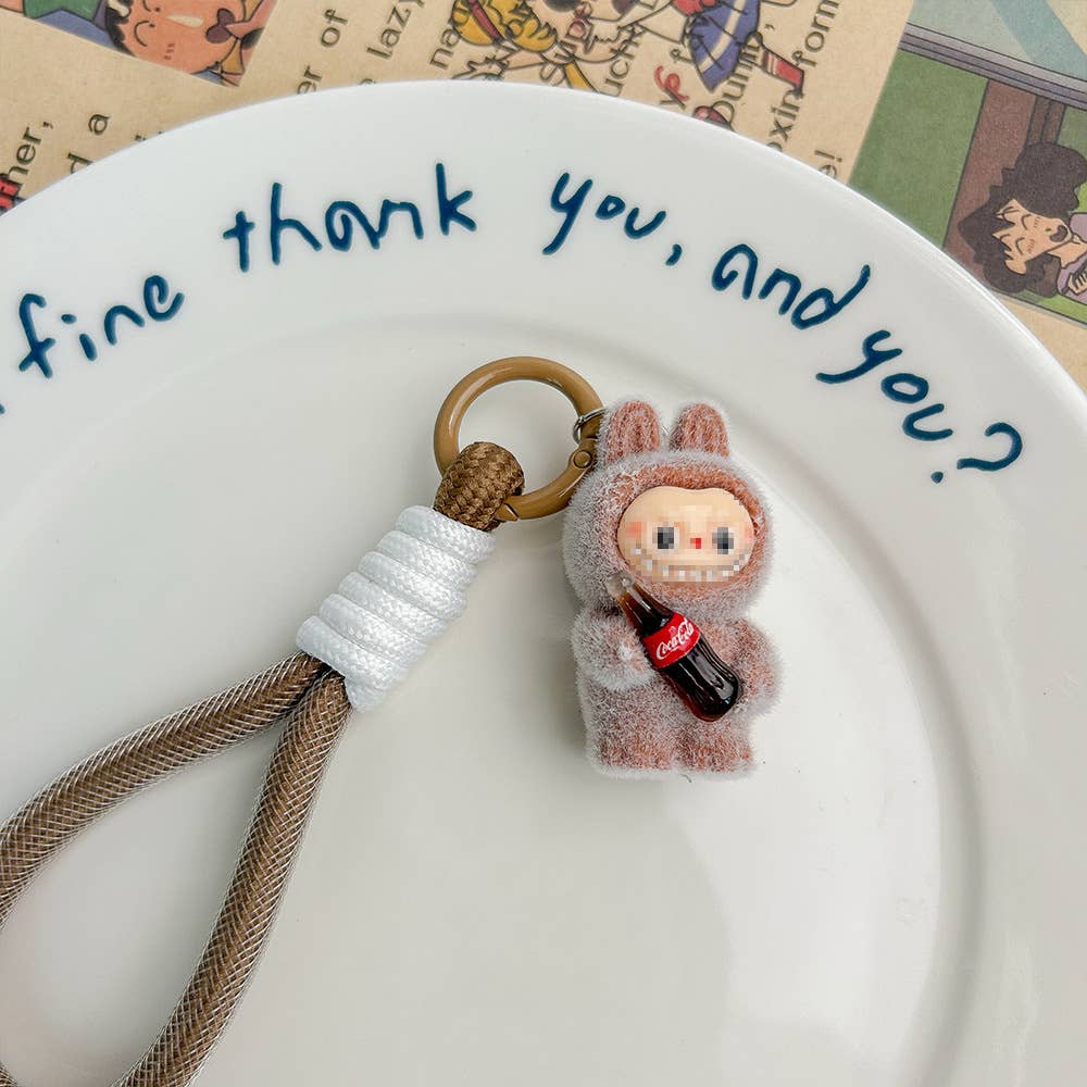 Get Cola in my hands Fluffy Labubu bag charm rope keychain: Purple