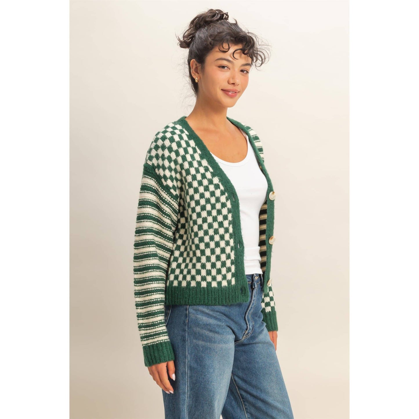 Checker And Stripe Contrast Knit Cardigan Sweater: SOFT PINK/CREAM / S-M-L(2-2-2)