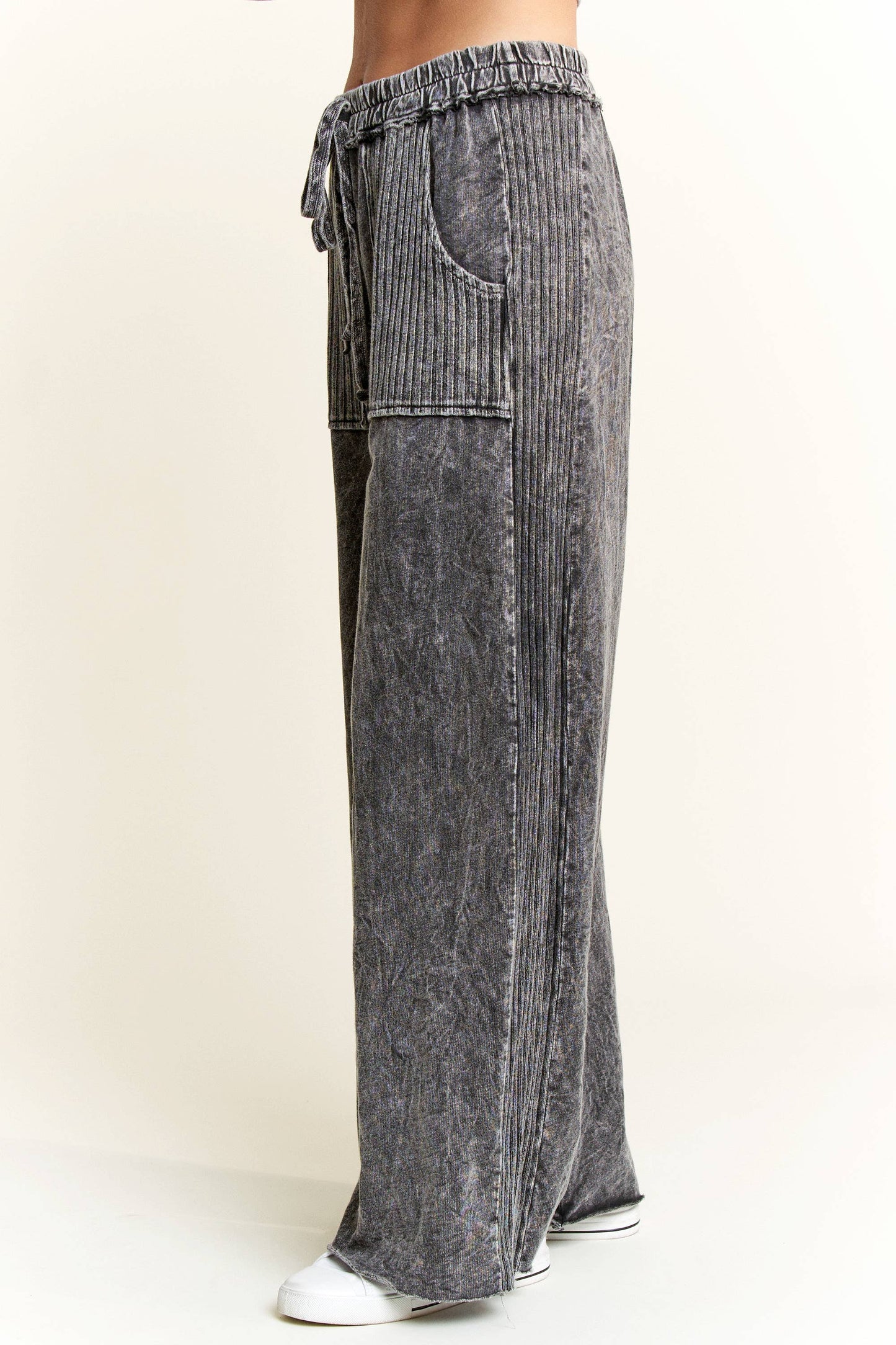 Mineral Wash Side Knit detail wide leg pants HE5878P..: Olive / S-M-L / 2-2-2