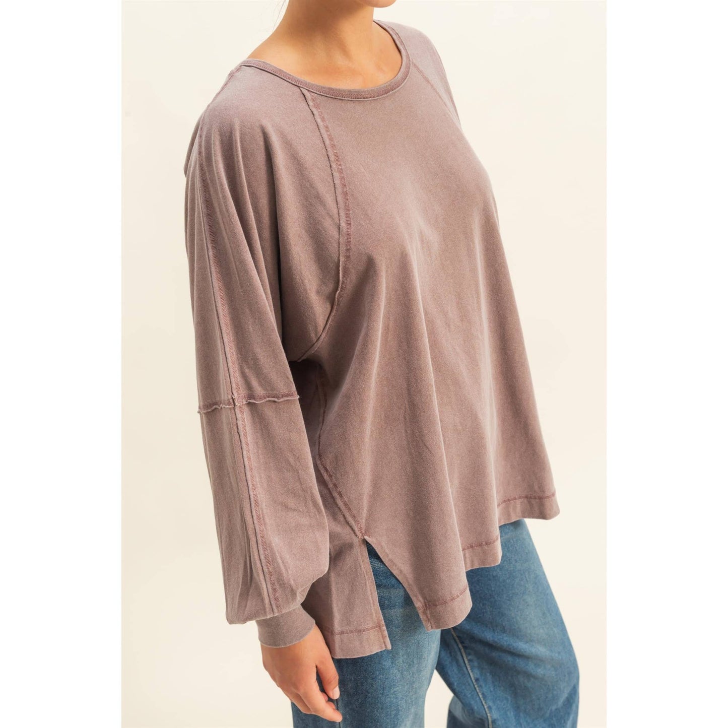 Washed Oversized Long Sleeve Top With Slit: CREAM / S-M-L(2-2-2)