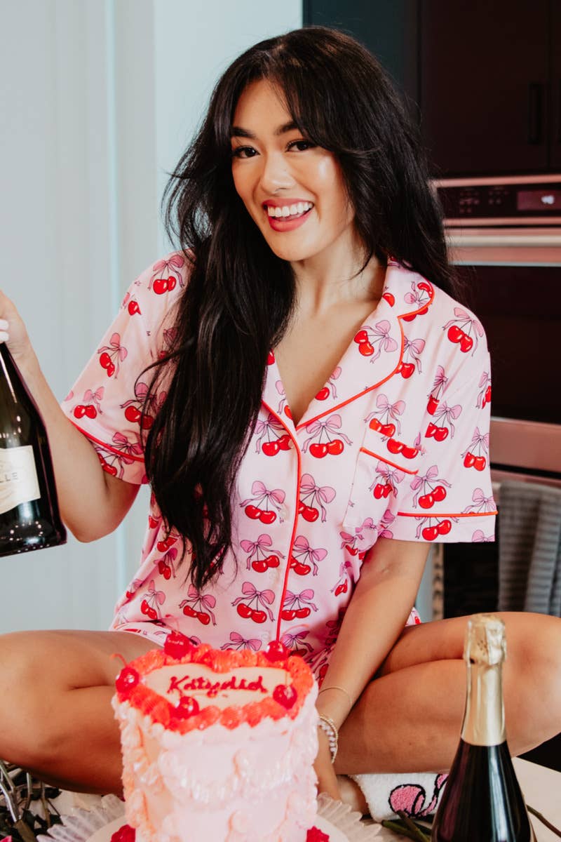 Cherry Bow Repeat Wholesale Cotton Pajamas: Light Pink / L