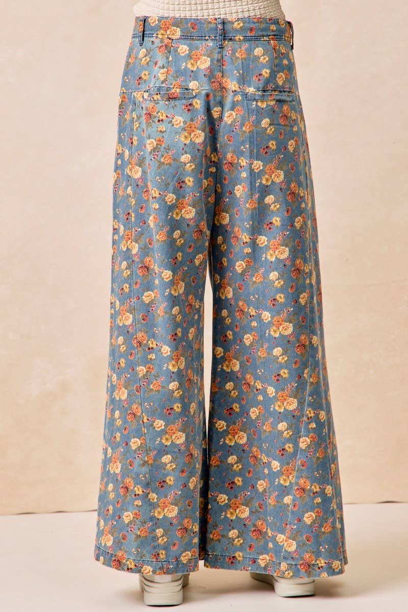 Vintage Washed Floral Printed Wide Denim Pants: DENIM / 2-2-2-2(S-M-L-XL)