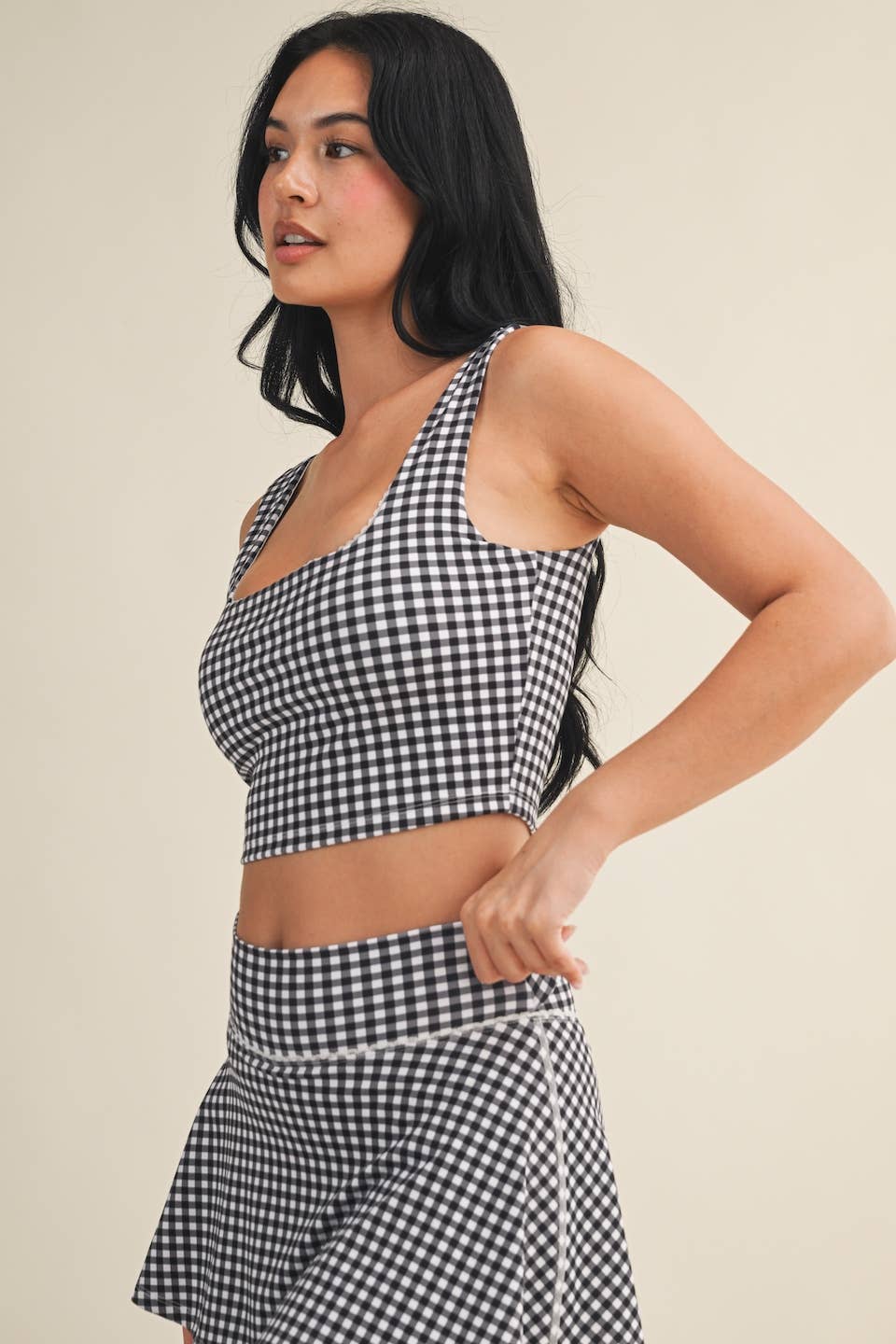 Gingham Print Crop Tank with Lace Trim: Pink Gingham / S