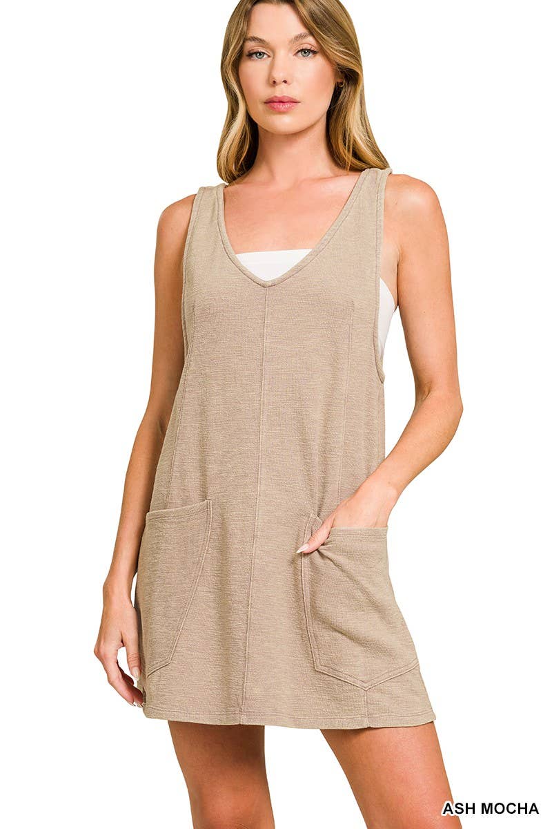 Washed Slub Adjustable Strap Overall Dress: DK GREEN / 2-2-2(S-M-L)