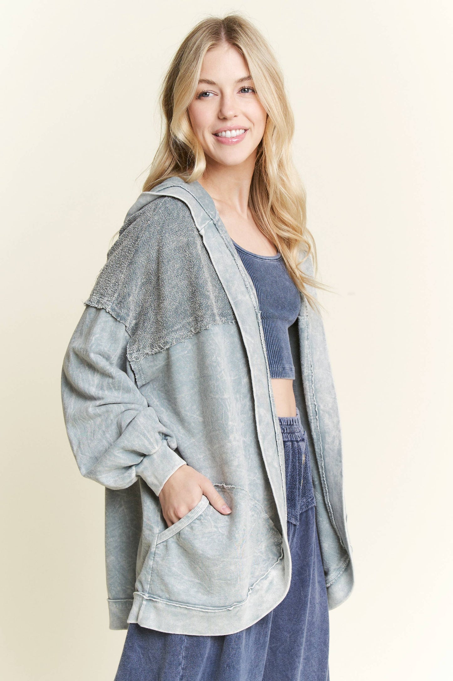 Mineral Wash Open Terry Cardigan with peace sign HT6086: Latte / S-M-L / 2-2-2