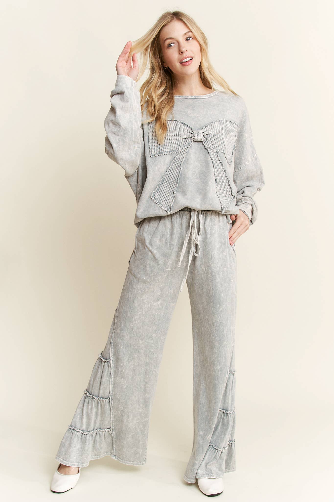I'm a gift for you Waffle Ribbon bow terry top HT6129: Denim Blue / S-M-L / 2-2-2