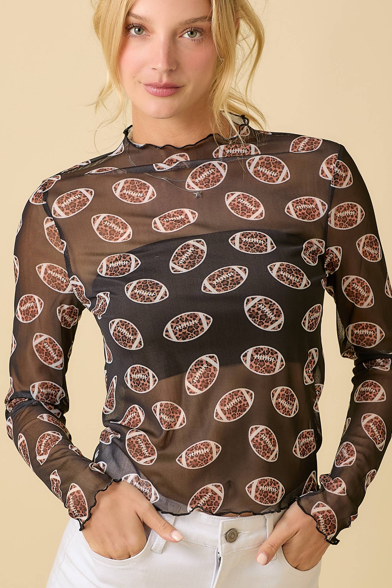 Leopard Print Football Long Sleeve Mesh Top: BLACK / M