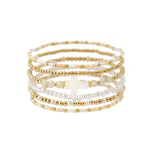 Set of 5 Gold Beaded with Natural Seed Bead and White Cross Stretch Bracelets