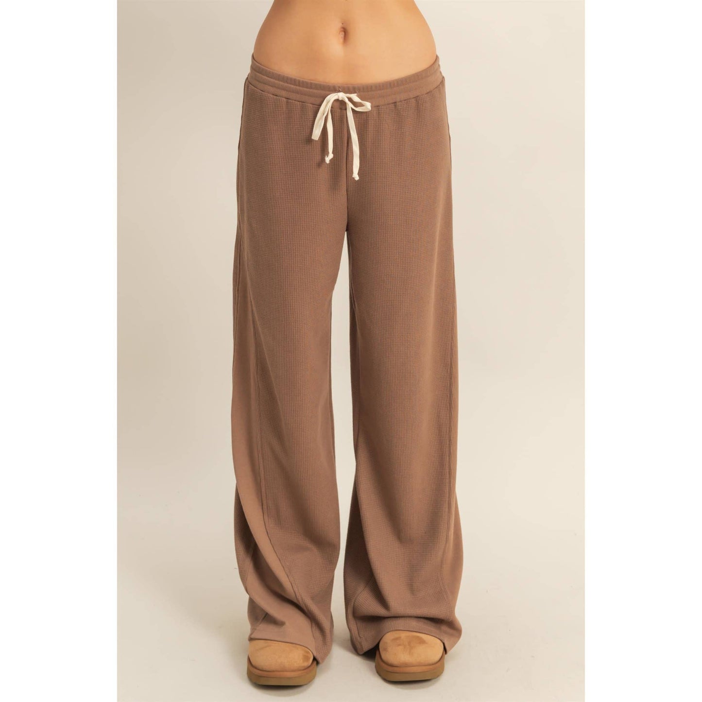 Waffled Knit Pants With Contrasting Ties: MOCHA / S-M-L(2-2-2)