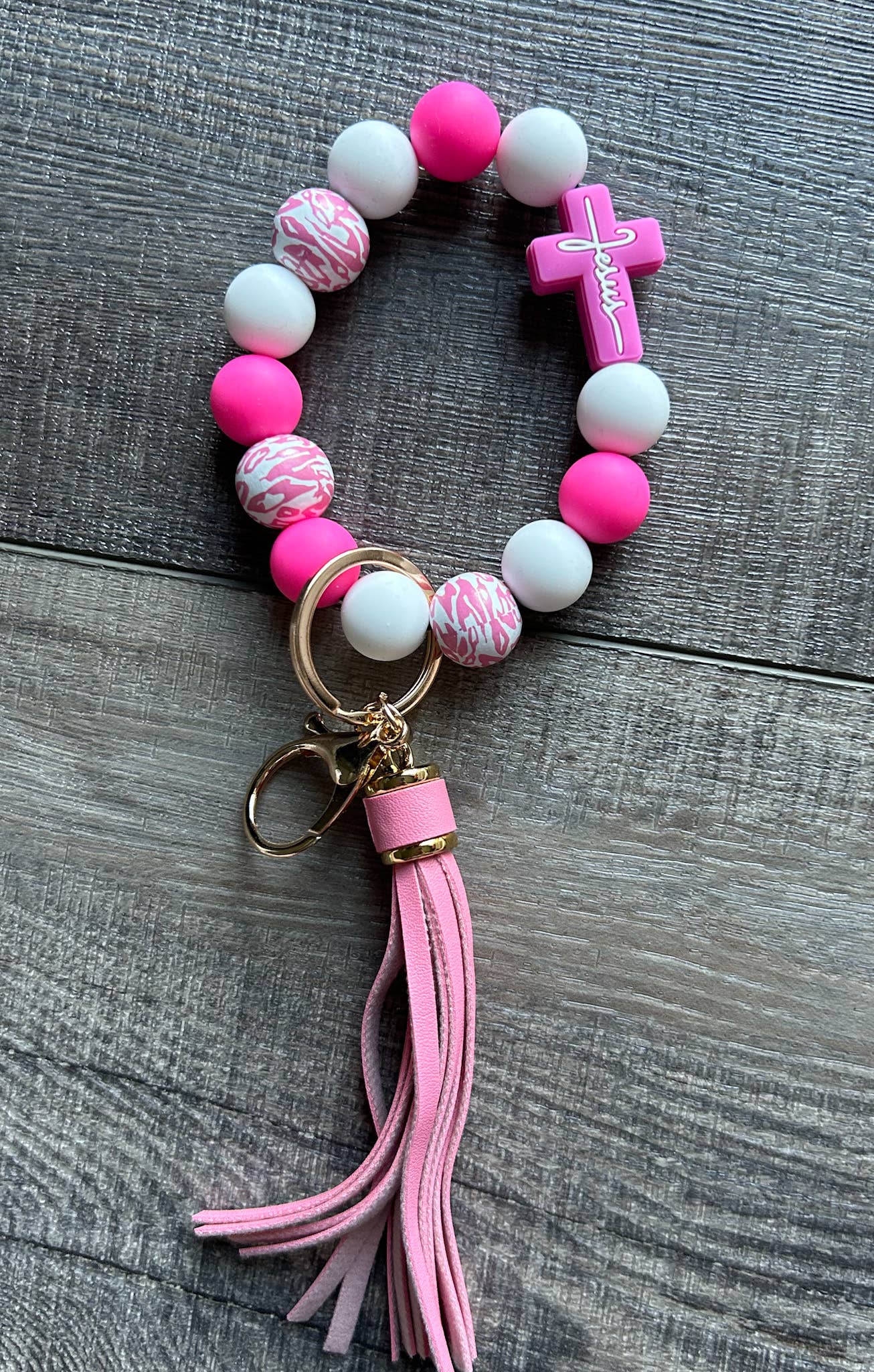 Faith in Jesus Cross Silicone Bead Wristlet Keychain: Pink