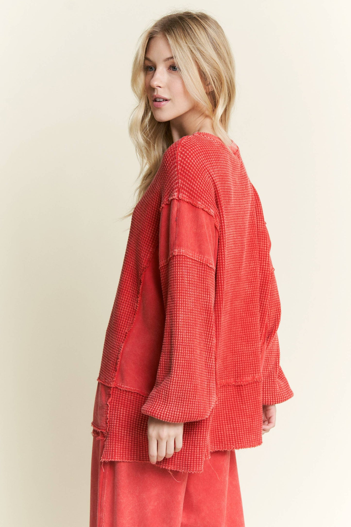 MineralWash Waffle and terry oversized fall shirt HT5989.: Midnight Green / S-M-L / 2-2-2