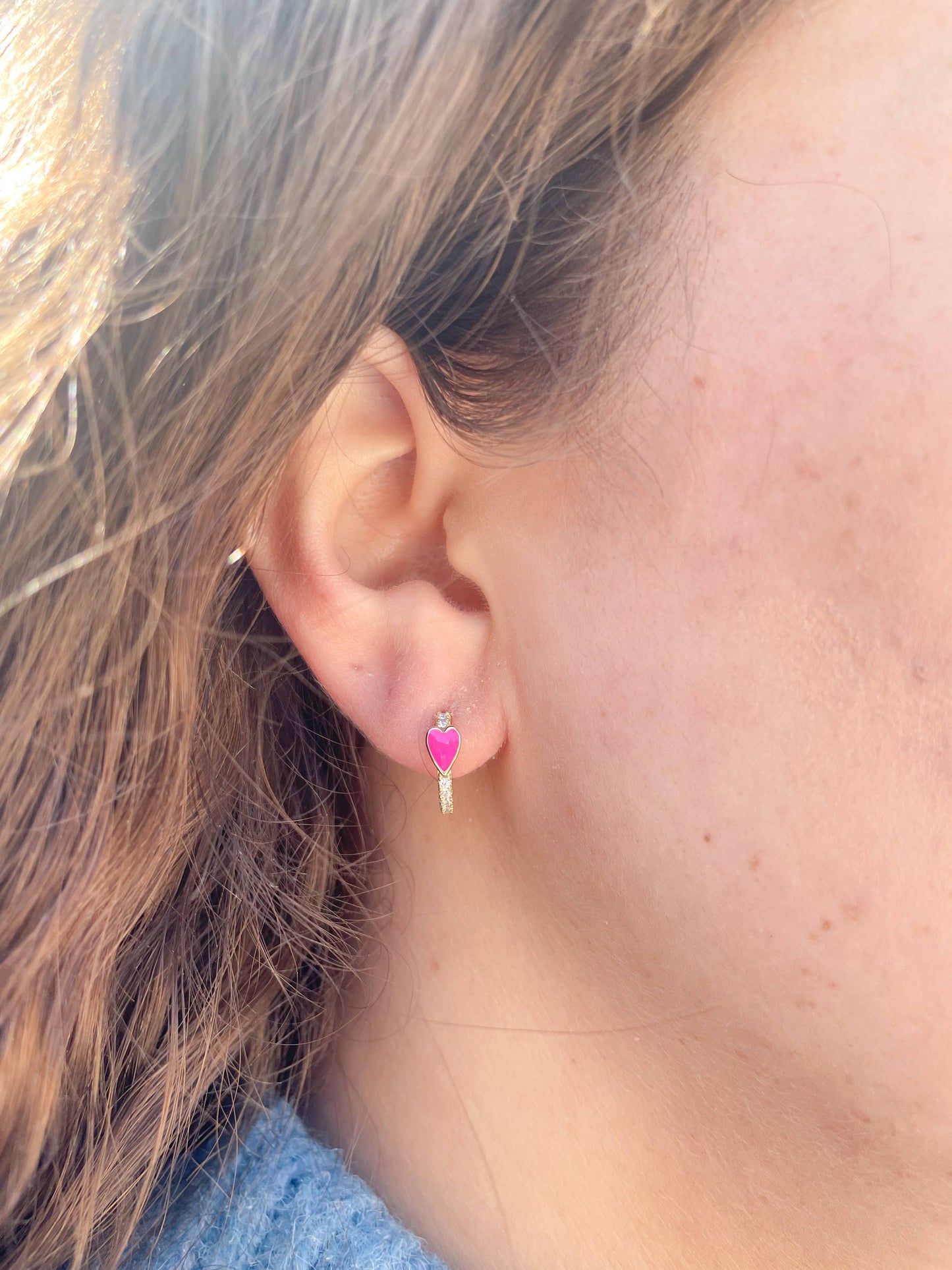 Pave Heart Huggie Earrings: Hot Pink