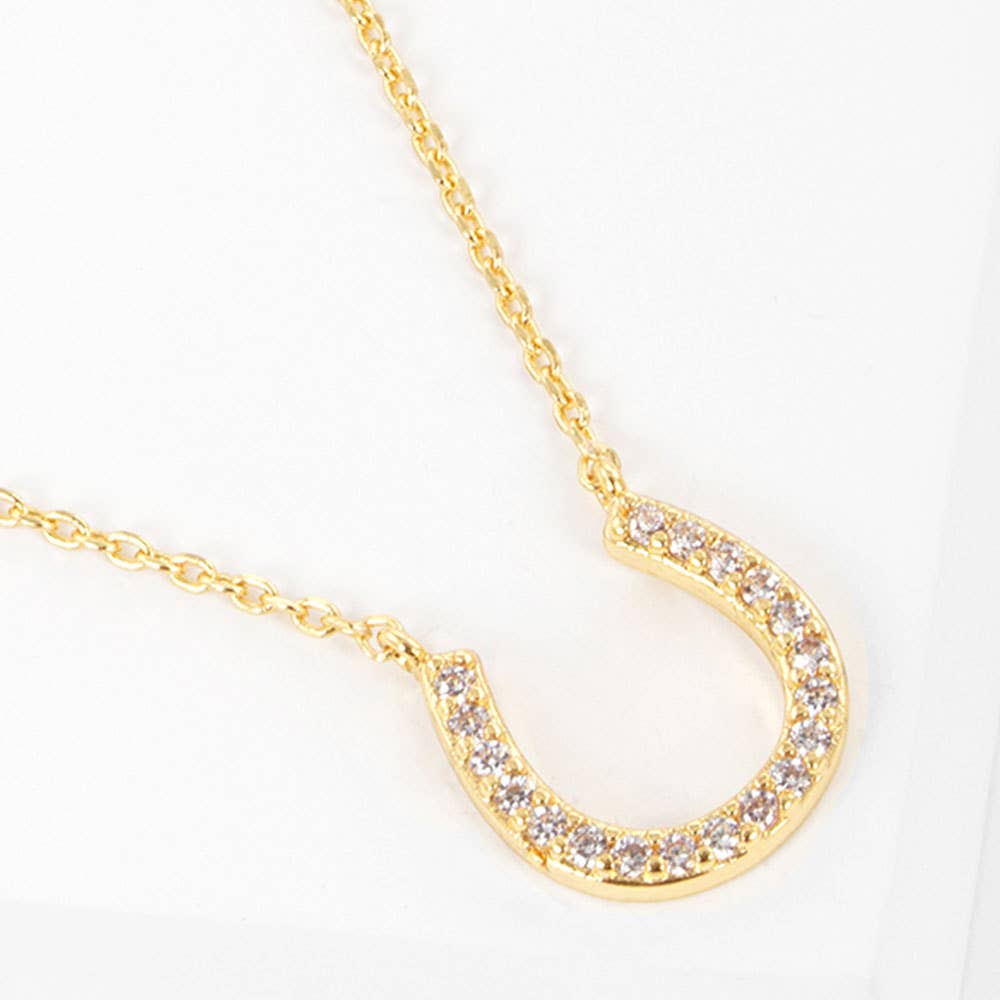Gold Dipped CZ Stone Paved Horseshoe Pendant Necklace: Clear,Rhodium
