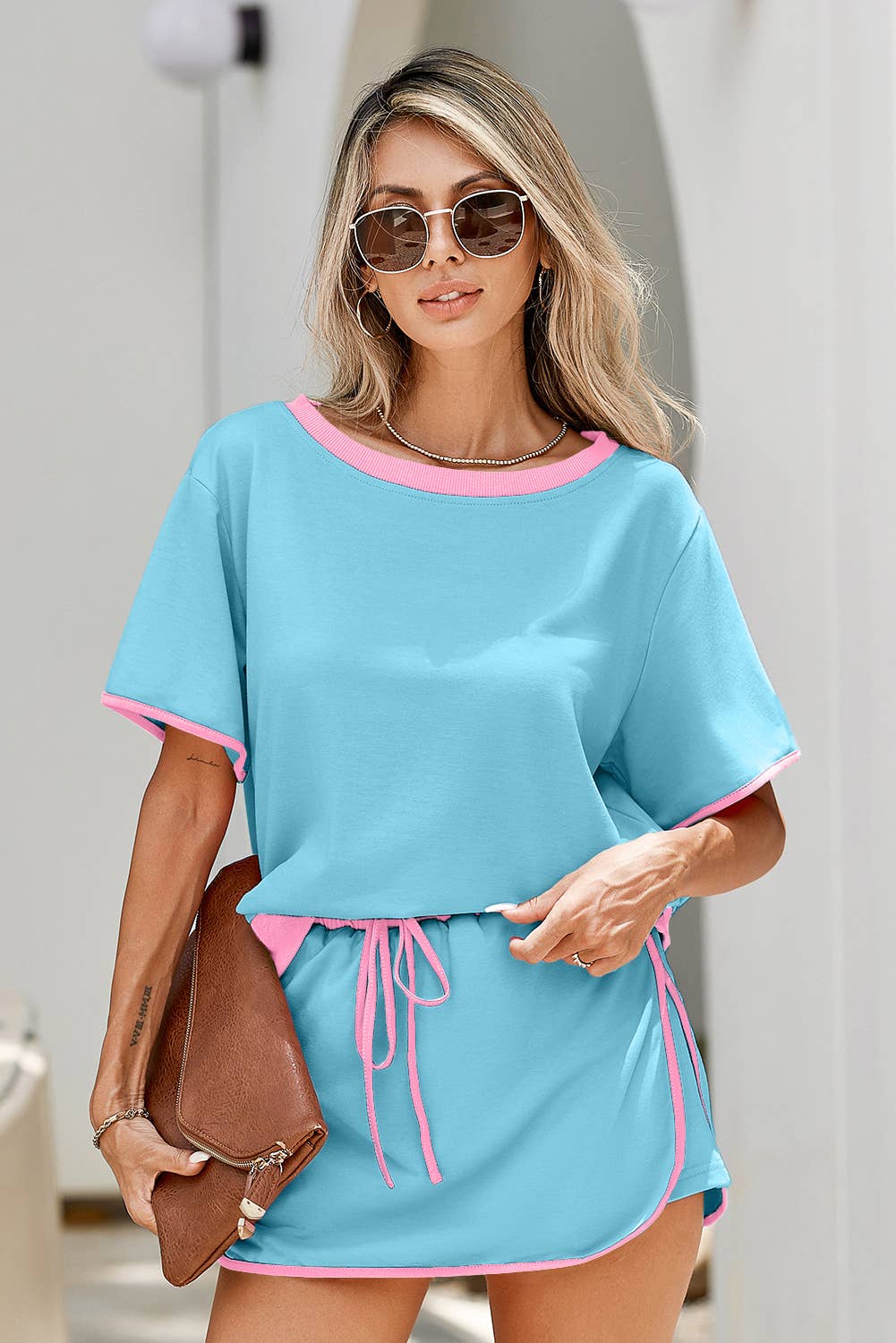 LDC Colorblock Edge Drop Shoulder T Shirt and Skirt 2Pcs Set: Evergreen / XL