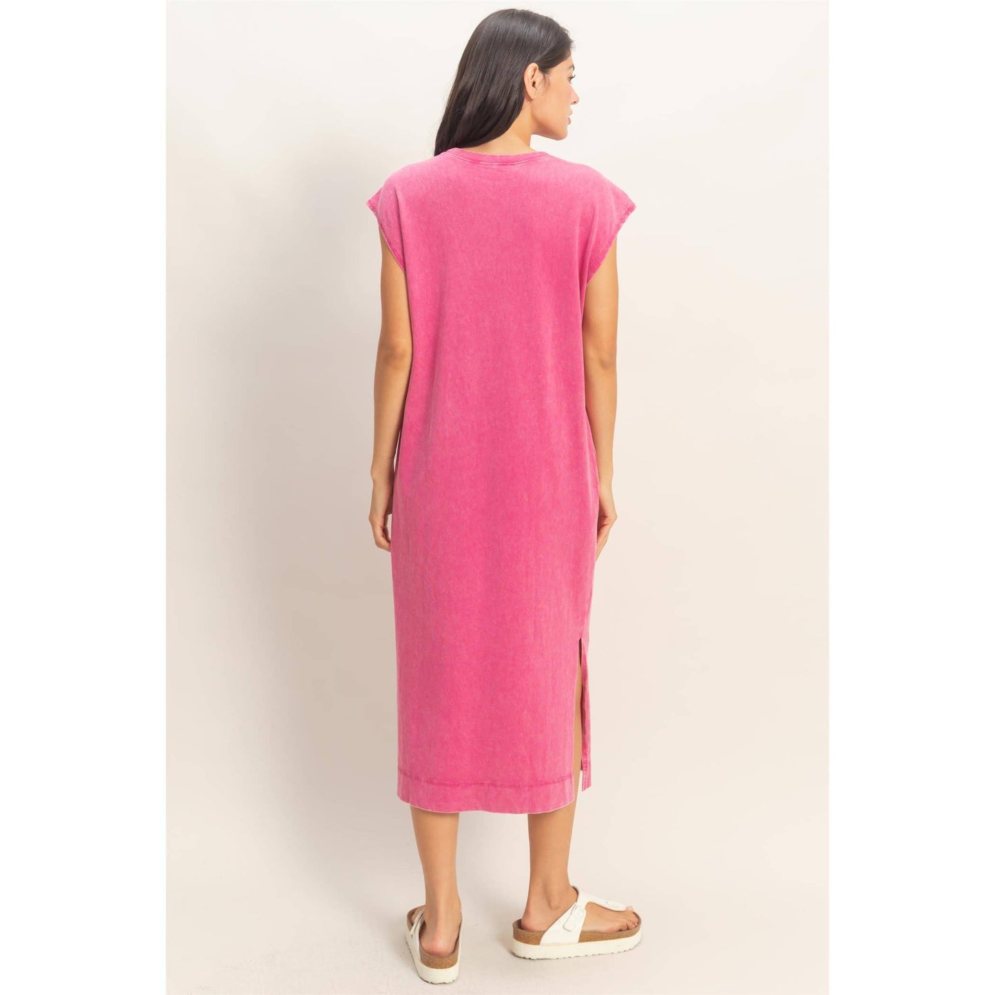 Mineral Wash Cap Sleeve Midi Dress: CHOCOLATE / S-M-L(2-2-2)
