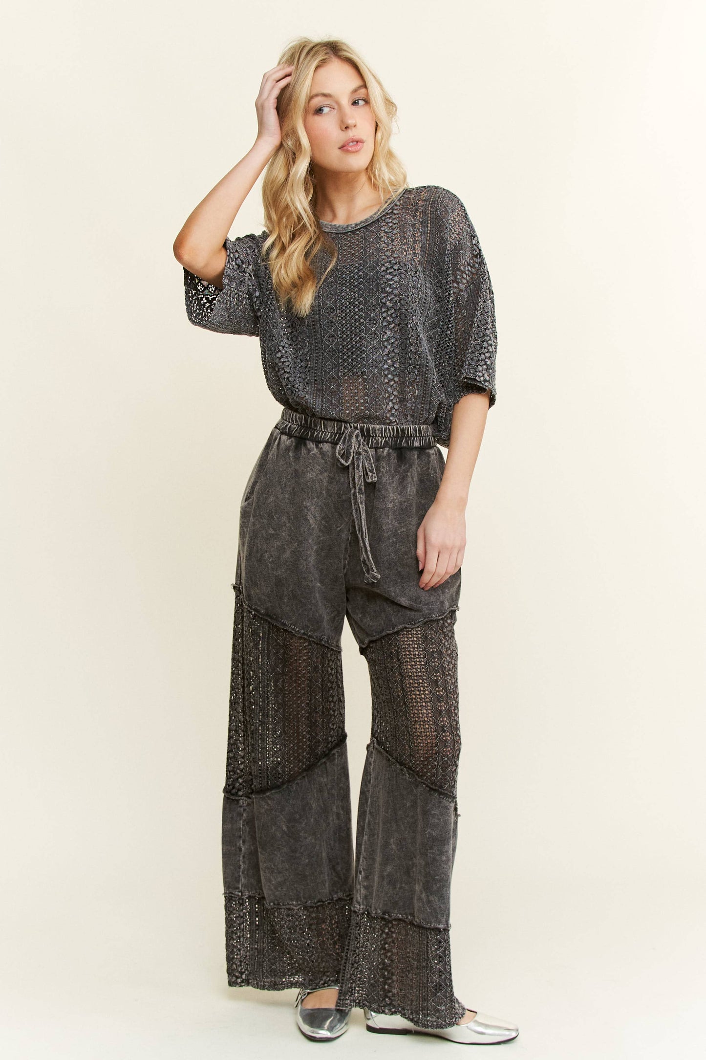 Mineral Washed Lace See through Breezy pants HP6335.: Cobalt / S-M-L / 2-2-2