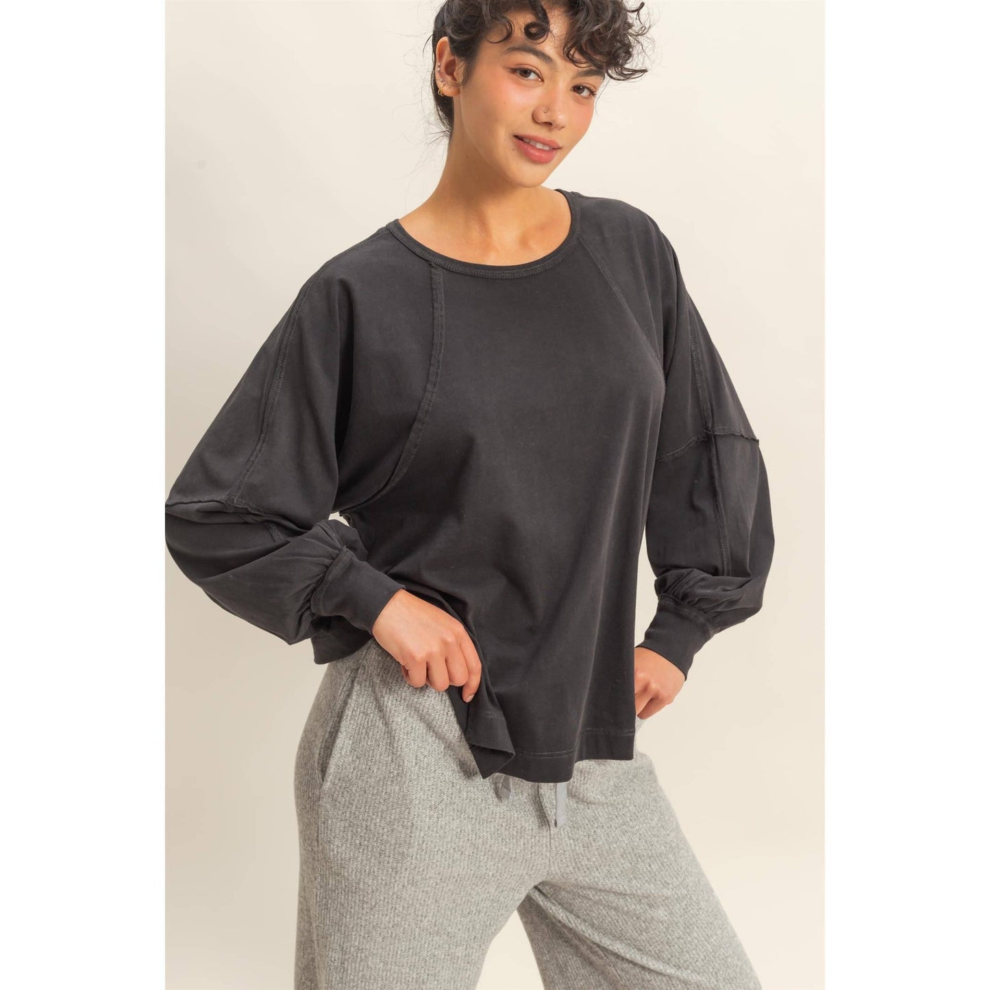 Washed Oversized Long Sleeve Top With Slit: TAFFY PINK / S-M-L(2-2-2)