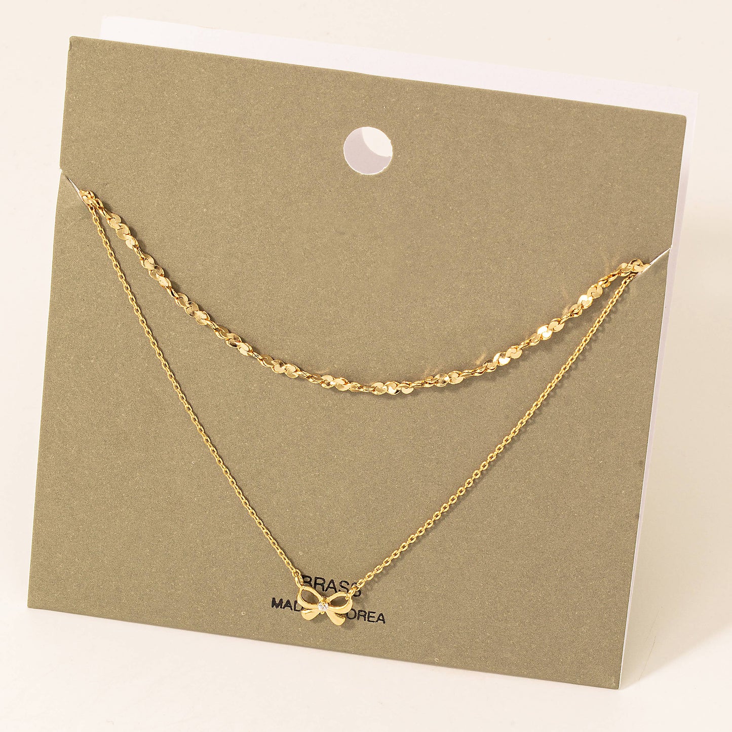 Studded Ribbon Bow Layered Chain Necklace: S