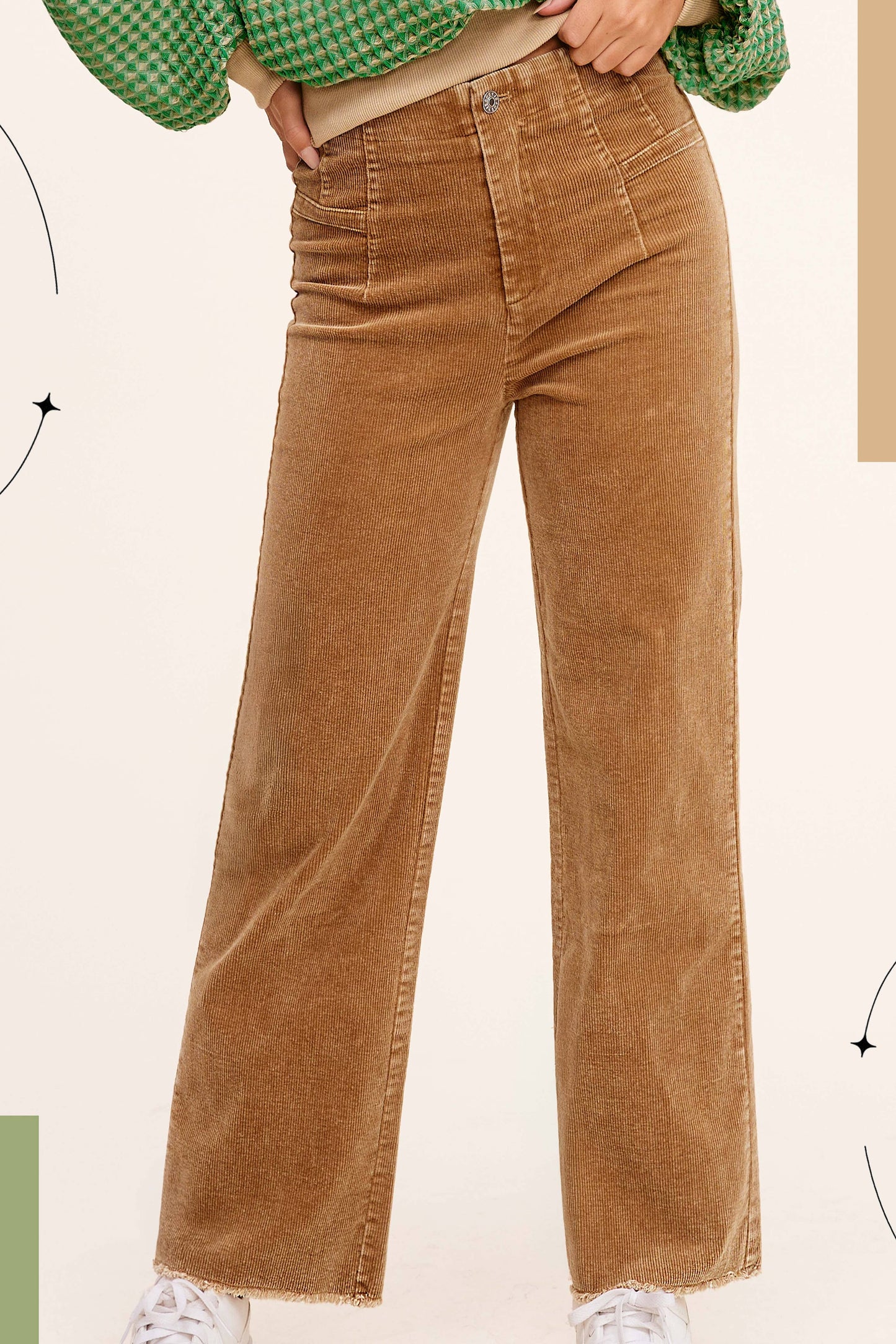 MCP4220-Mineral Washed High Waisted Wide Leg Corduroy Pants: Brown / XL