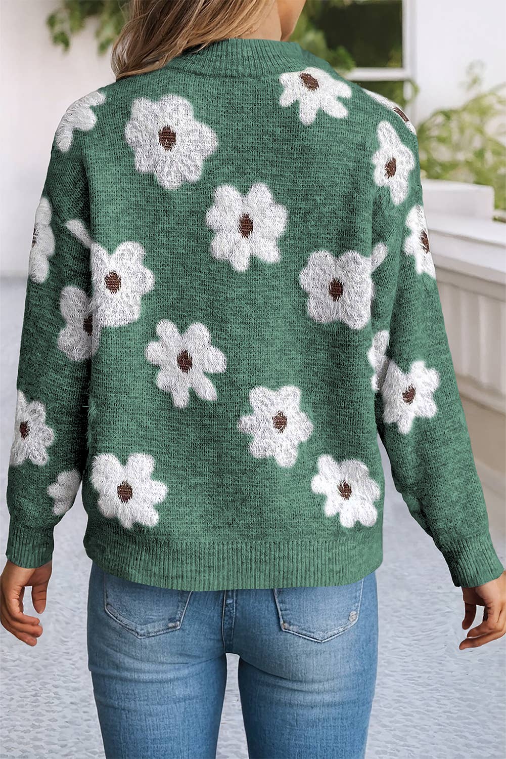 LDC Floral Pattern Drop Shoulder Half Zip Sweater: Green / Missy / M